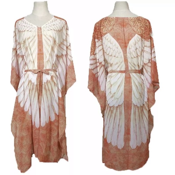 Angel Wings Feather Print Sheer Peach Kimono - Picture 3 of 5